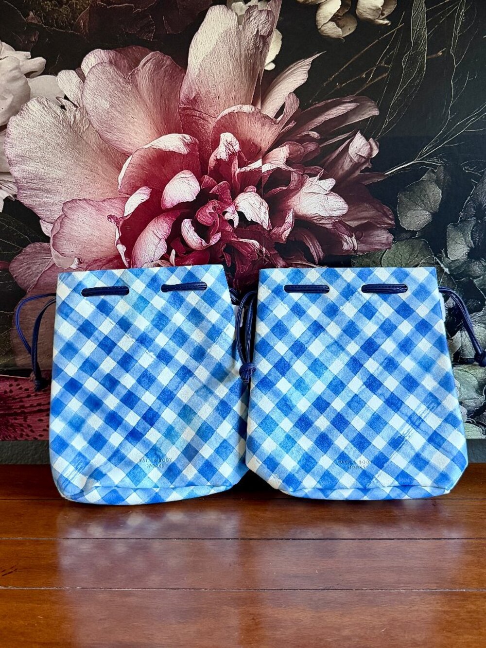 NEW 2-Pc Bath & Body Works Blue Gingham Drawstring Bucket Bag